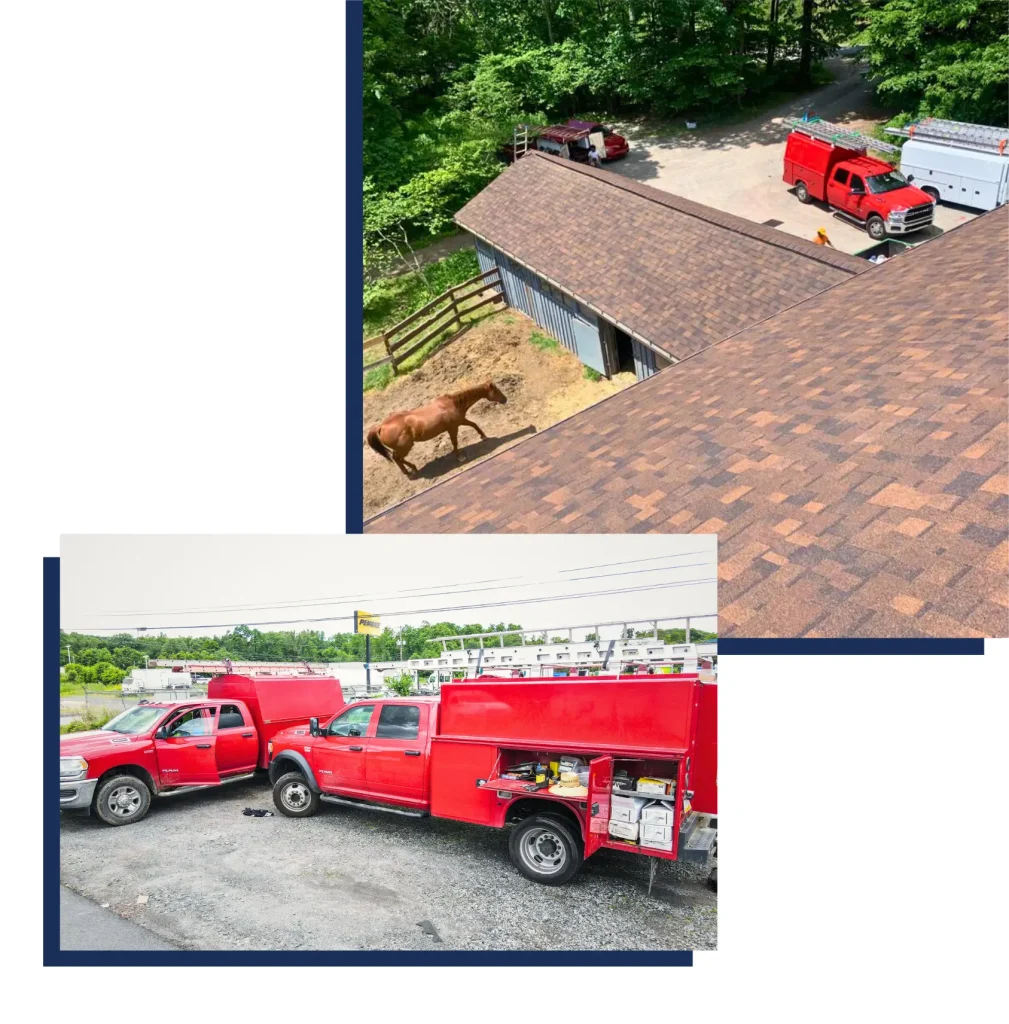 TC Roofing Pros branded service trucks and a completed roofing project